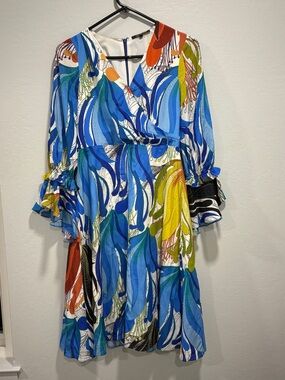 Kobi Halperin Blue Multicolor Abstract Print Long Sleeve Wrap Dress
